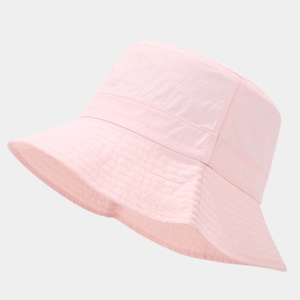 Detail view of pink quick-dry bucket hat with reinforced stitching on the brim