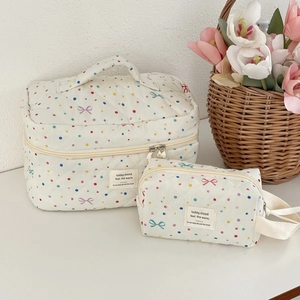 Quilted cotton cosmetic bag set with colorful polka dots and cute bow patterns
