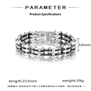 Detail view of 10mm wide mechanical style bracelet showing 213mm length and 39g weight specs