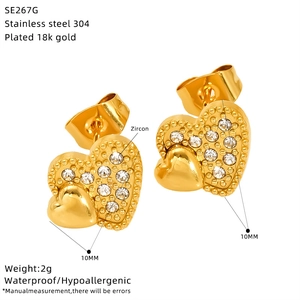 Detailed specs of 10mm 18k gold plated stainless steel heart earrings with zircon stones