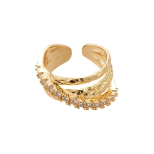 Adjustable triple-layer gold ring with hammered texture and pave-set cubic zirconia accents