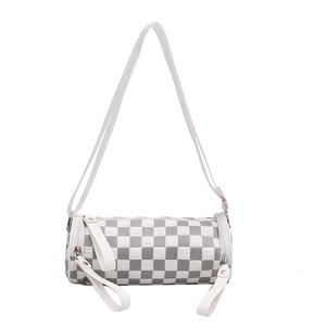 Chic checkerboard cylinder crossbody bag with white adjustable strap and silver zippers