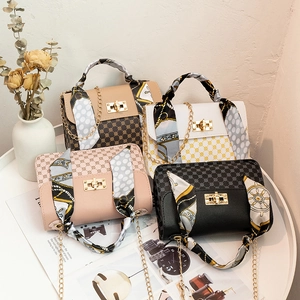 Women Small Crossbody Square Bag PU Leather With Satin Scarf Handle Chain Strap Vintage Print Twist Lock Shoulder Handbag