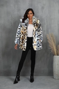 Full view of women's leopard print faux fur coat with large collar and stylish tailoring