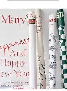Detail view of assorted Christmas wrapping paper rolls with festive patterns and text