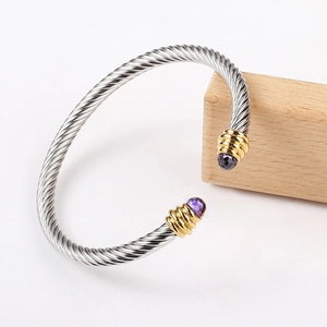 Macro detail of silver cable bangle with gold spiral ends and purple gemstones