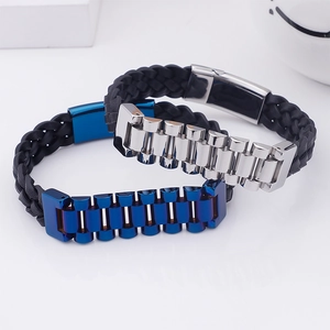 Men's woven leather bracelets with stainless steel chain buckle in silver and blue