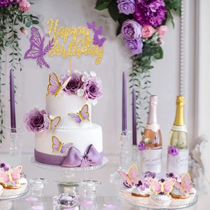 Golden glittery Happy Birthday cake topper set with purple and pink 3D butterfly decorations