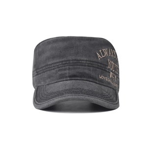 Detailed side view of washed charcoal military cap with youth vintage embroidery