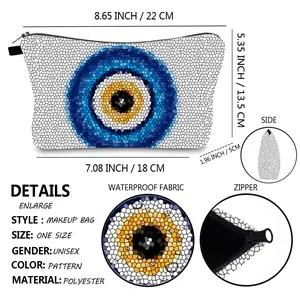 Detailed size chart showing dimensions of the waterproof Evil Eye print makeup bag