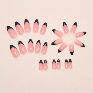 Classic French almond press-on nails in nude pink with glossy black tips 24pcs set