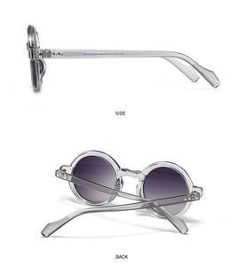 Side and back view of retro round sunglasses with transparent grey frames and model specs