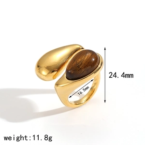 Gold stainless steel ring with brown tiger eye stone, size and weight specifications