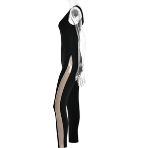 Side view of black shapewear bodysuit featuring beige side stripes on elastic fabric