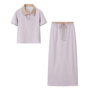 Women's purple short-sleeved polo top and long skirt set with brown plaid patchwork details