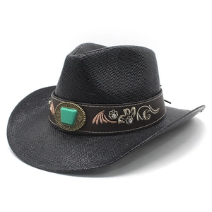 Chapeau de cowboy en paille noire avec pierre turquoise et ruban brodé marron
