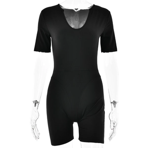 Detail of black short sleeve bodysuit with a U-neckline on a clear mannequin