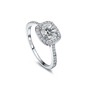 Macro shot of S925 sterling silver stamp and cushion cut diamond halo on the ring