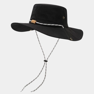 Close-up of black waterproof hiking hat featuring breathable metal vents and windproof cord