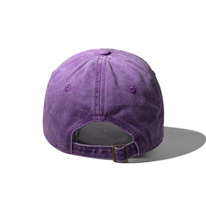 Detail view of the vintage purple washed cotton baseball cap with adjustable metal buckle