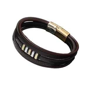 Retro multi-layer dark brown leather bracelet with gold magnetic buckle for men