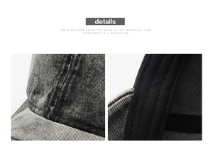 Close-up of durable washed denim fabric texture and reinforced stitching on the baseball cap