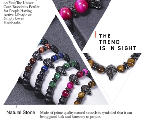 Detailed collage of wolf head bracelets featuring natural tiger eye and lava stone beads