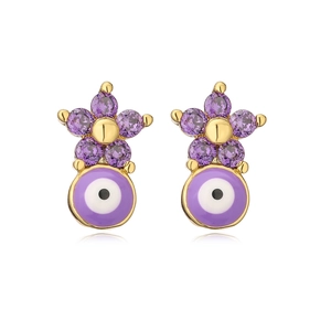 Detail of gold evil eye earrings with purple zircon flower and enamel pendant
