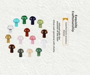 Collection of 15 natural gemstone mini mushrooms in a circular layout on paper