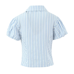 Detail of the back side of light blue striped puff sleeve polo shirt with collar