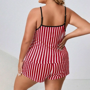 Rear view of red and white striped pajama set with camisole top and matching shorts