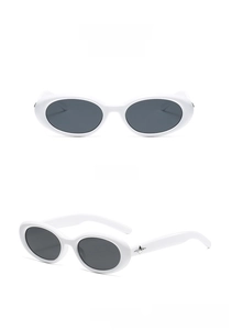 Detail of white oval sunglasses with silver star hardware and dark grey lenses