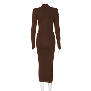 Detail view of high collar and back texture on a slim-fit brown long sleeve maxi dress