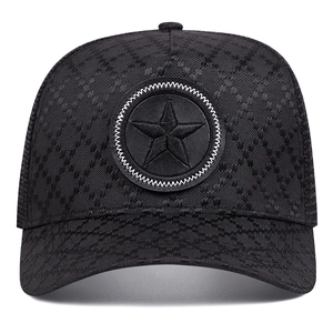 Black jacquard baseball cap with mesh back and star embroidery for outdoor sun protection