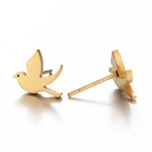 Minimalist golden bird stud earrings in stainless steel with a sleek polished finish