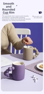 Modern ceramic mugs with unique beaded handles in purple and brown matte finish