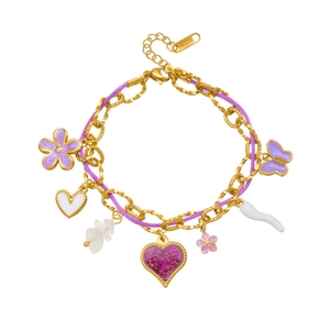 Golden stainless steel chain with purple enamel butterfly and heart charms bracelet