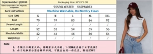 Size chart for women's high neck sleeveless top including fabric and washing instructions