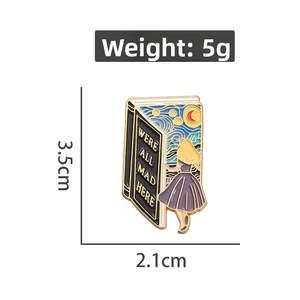 Cartoon enamel book brooch with starry sky girl and Were All Mad Here quote