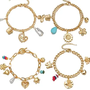 Bracelet À Breloques Multi Pendentifs En Acier Inoxydable Plaqué Or Pour Femmes Cœur Papillon Tournesol Künstliche Perle Boho Bijoux