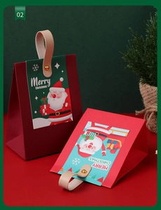 Detail of Christmas gift box with leather handle and cute Santa Claus illustration