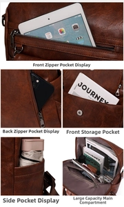 Detail of dark brown vintage faux leather backpack showing multiple storage pockets and zippers