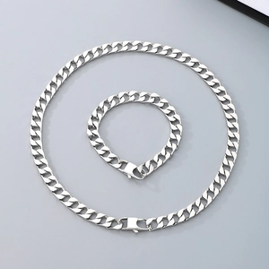 Mens silver stainless steel cuban link chain necklace and bracelet jewelry set