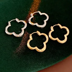 Hollow Clover Hoop Earrings Alloy With Silver Earring Post Lucky Flower Minimalist Chic Style Jewelry For Women