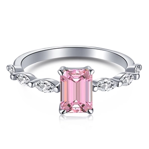 Elegant S925 sterling silver ring featuring a pink emerald cut stone with marquise diamonds