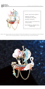Detailed view showing dimensions and materials of the Tassel Swan Sailboat Brooch