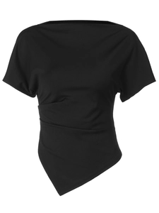 Slim fit black short sleeve T-shirt with asymmetrical hem and pleated waist detail
