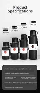 Size comparison chart for 316 stainless steel insulated water bottles in four capacities