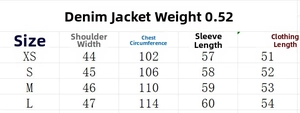Detailed size chart for women's denim jacket showing chest and shoulder measurements