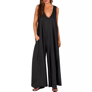Women's black sleeveless V-neck wide leg jumpsuit with side pockets for summer wear